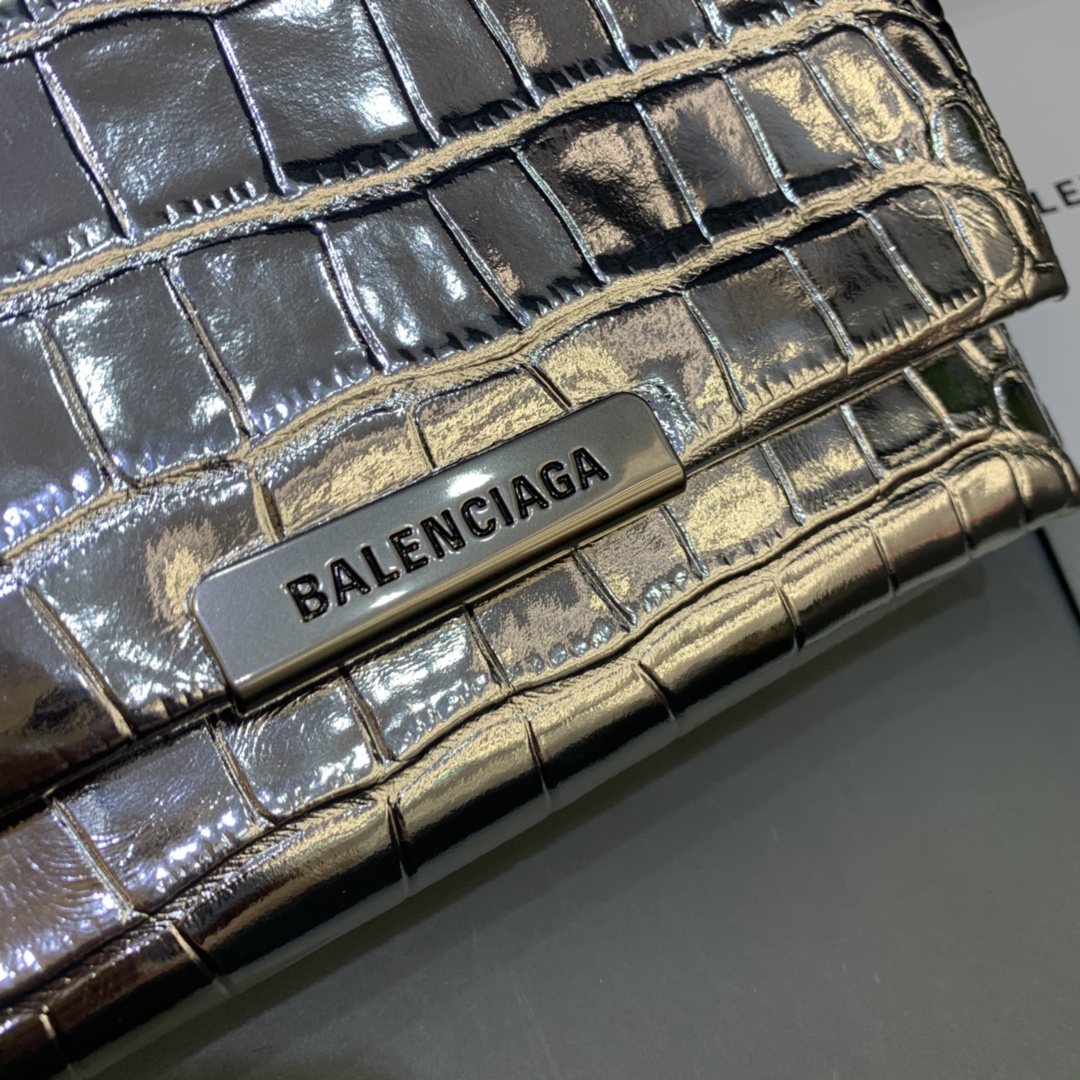 Balenciaga Triplet Small Bag With Chain Crocodile Embossed Calfskin Shouler Bag Silver